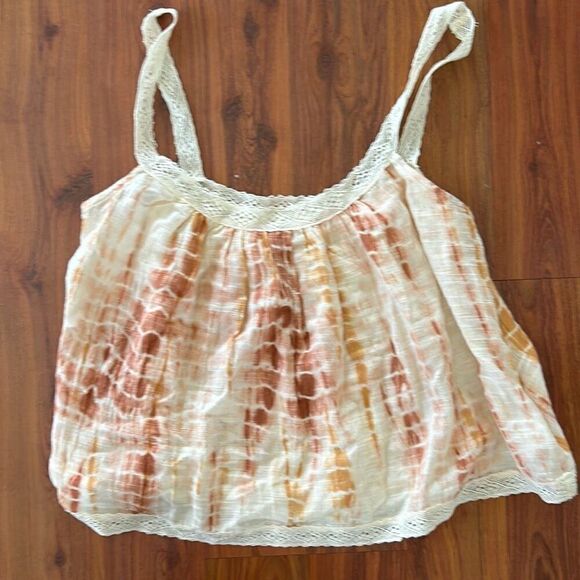 Lucky Brand cream and rust tie-dyed lightweight gauze cropped shirt tank top wit - Picture 1 of 4